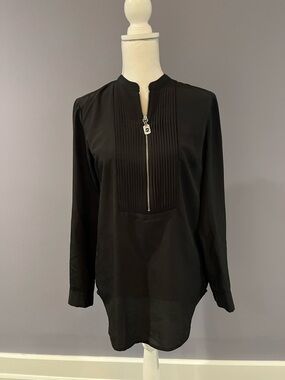 Michael Kors Black Long-Sleeve Zip Front Pleated Tunic Top